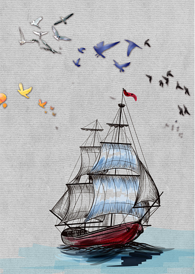 现代时尚金色帆船海浪鸟油画玄关装饰画背景