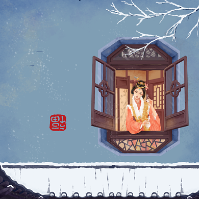 古风插画小寒节气方形配图背景