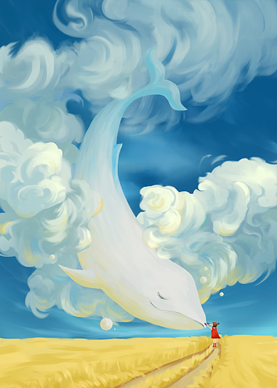 蓝色唯美梦幻鲸鱼创意治愈系装饰画背景