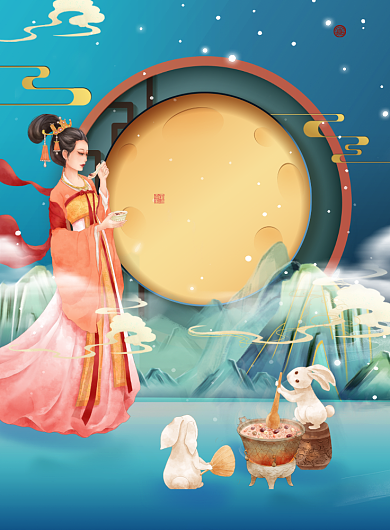 腊八节蓝色调手绘插画风印刷海报背景