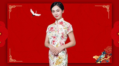 红色国潮中国风旗袍广告Banner背景