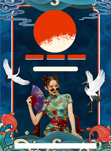 血拼双十一蓝色手绘人物国潮印刷海报背景