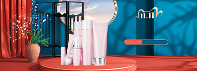 双11国货国潮美妆护肤眼霜精华化妆品展台C4D海报背景