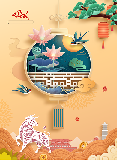 黄色牛年贺新春新年剪纸春节海报背景