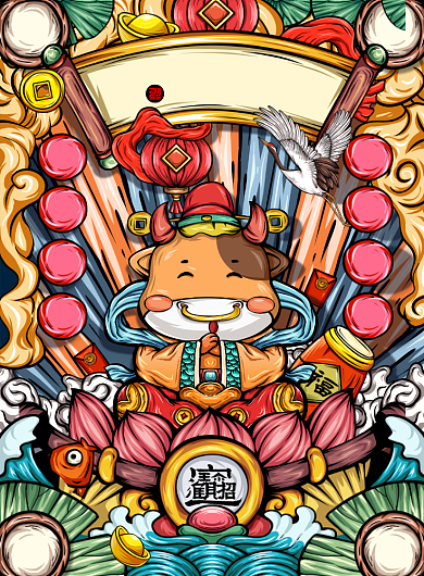 牛年国潮年画插画印刷海报背景