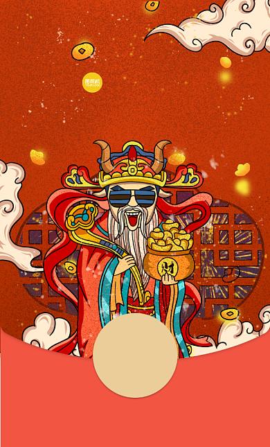 2021牛年财神爷插画线稿微信红包封面背景