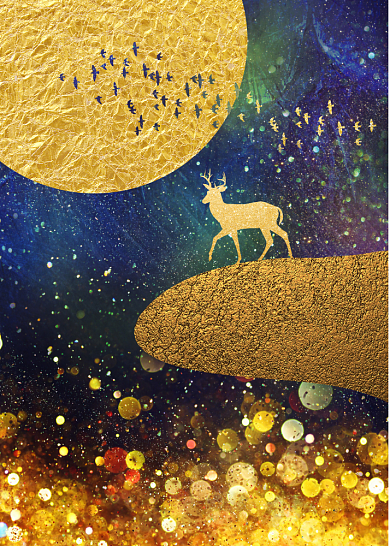 北欧现代金色抽象梦幻鹿飞鸟客厅装饰画背景