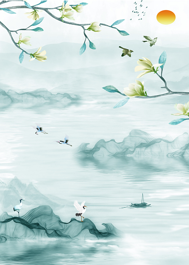 中式水墨山水花鸟唯美装饰画玄关背景