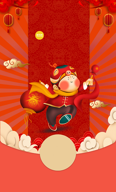 福娃提灯笼庆祝新春插画微信红包封面背景