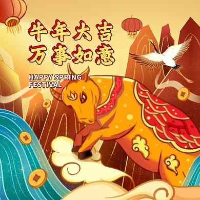 牛年祝福春节国潮插画方形海报