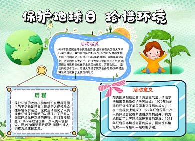 保护地球日珍惜环境卡通绿色小报