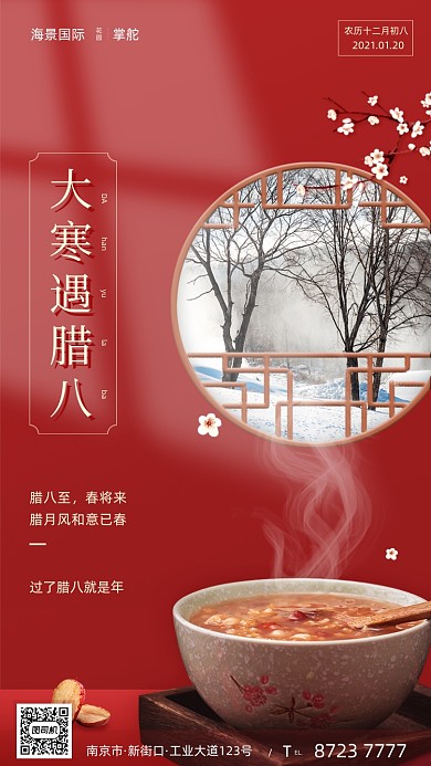 大寒节气红色传统中国风手机海报