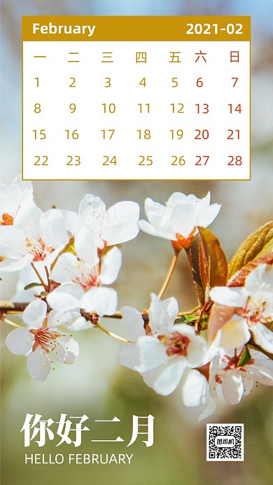 你好二月写实日历手机海报