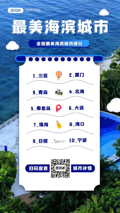 最美海滨城市排行摄影图宣传手机海报