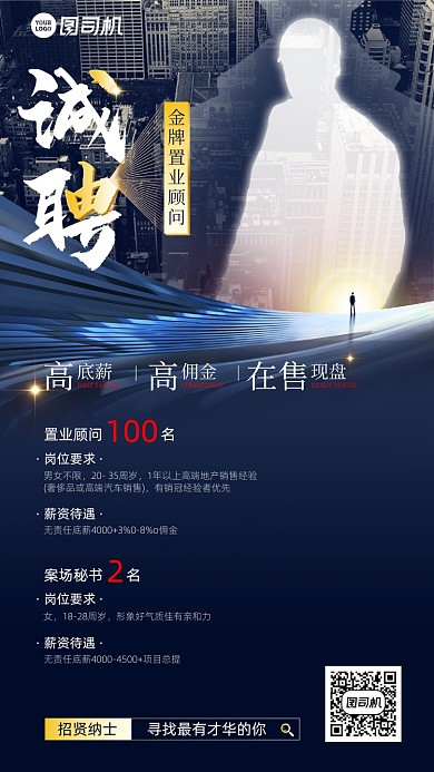 诚聘商务人物剪影手机海报