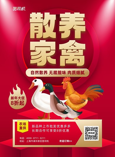 散养家禽批发促销红色印刷海报
