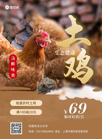 农村土鸡促销黄色印刷海报
