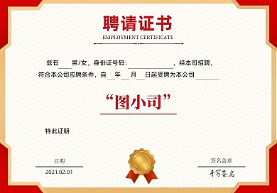 公司聘请证书红色底纹质感聘书