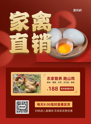 家禽直销宣传红色印刷海报
