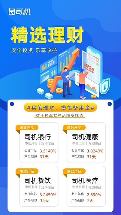 精选理财投资蓝色简约手机海报