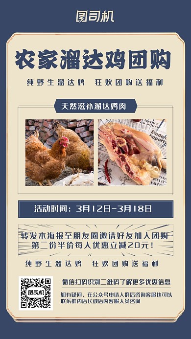 家禽团购蓝色复古创意简约手机海报