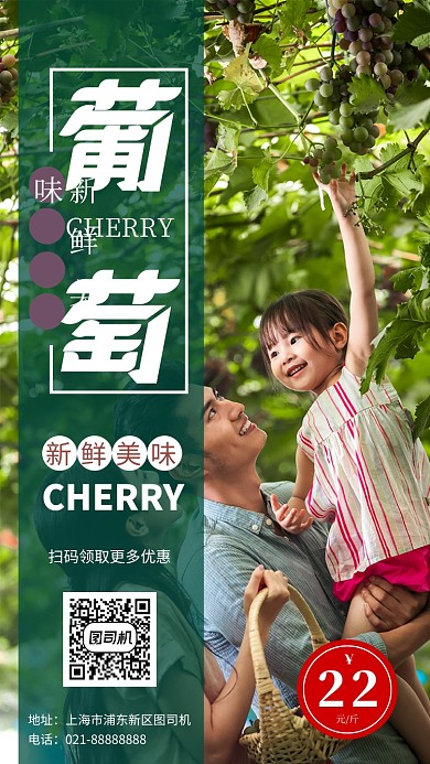 新鲜葡萄采摘绿色促销摄影图手机海报