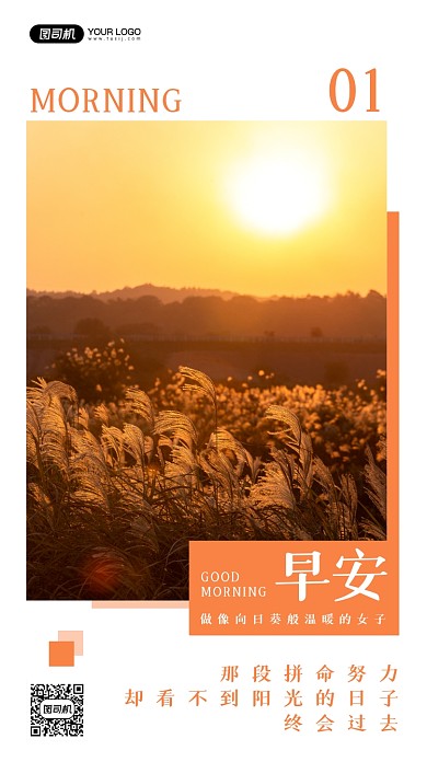 日签早安黄昏狗尾草摄影手机海报