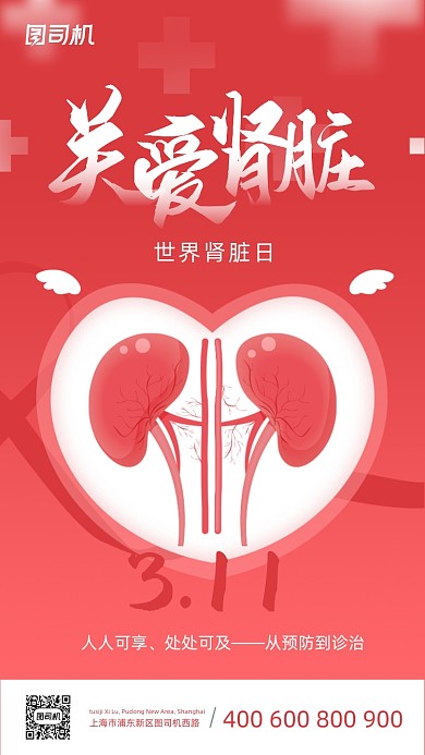 关爱肾脏健康红色手绘插画手机海报