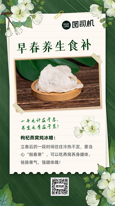 早春养生食补贴士绿色淡雅花卉手机海报