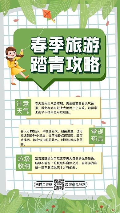 春季旅游攻略绿色卡通营销手机海报