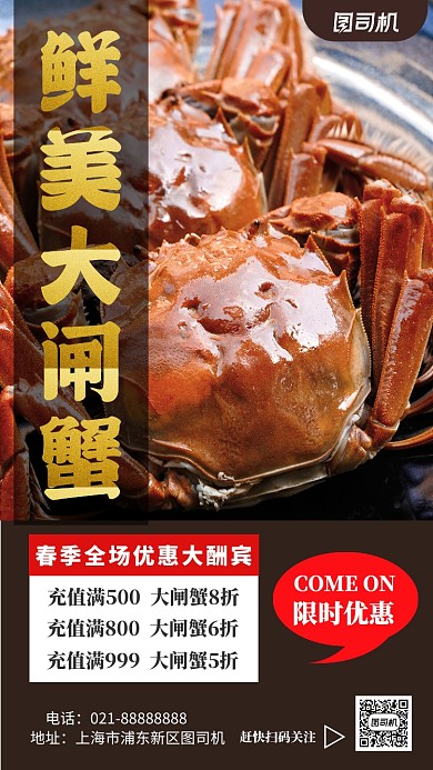 美味大闸蟹棕色摄影图手机海报