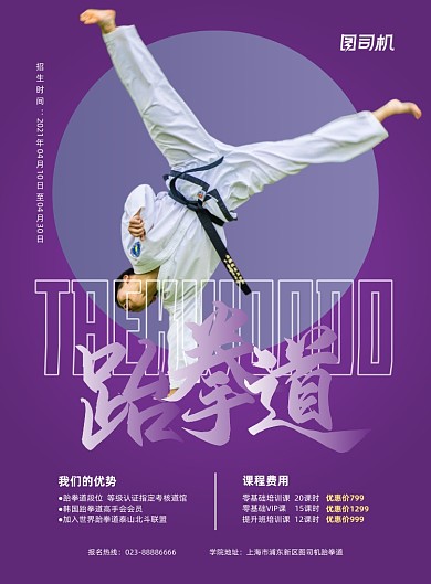 跆拳道招生活动紫色简约印刷海报