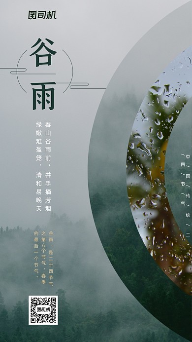 谷雨节气绿色唯美意境手机海报