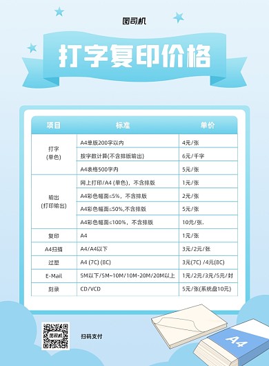 打字复印价格表蓝色简约印刷海报