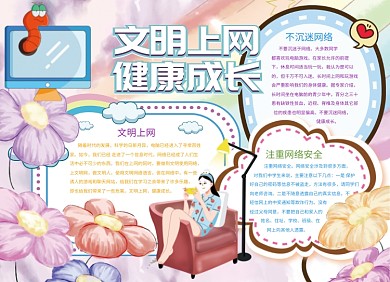 文明上网健康成长创意卡通小报