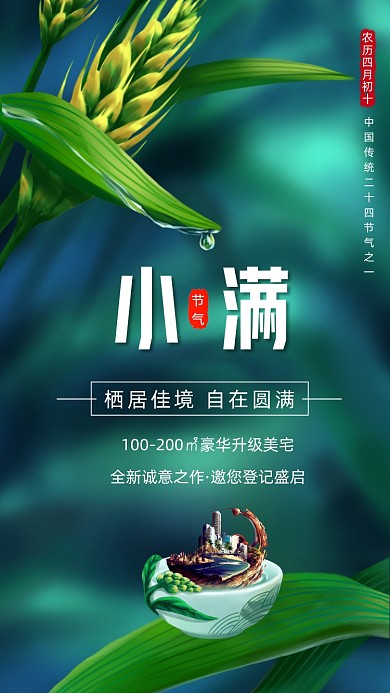 小满时节房地产卡通插画节气手机海报