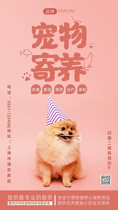 宠物寄养粉色可爱风摄影图海报