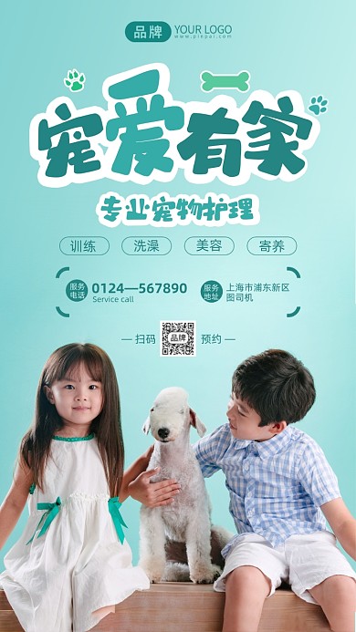 宠物护理绿色清新风摄影图海报