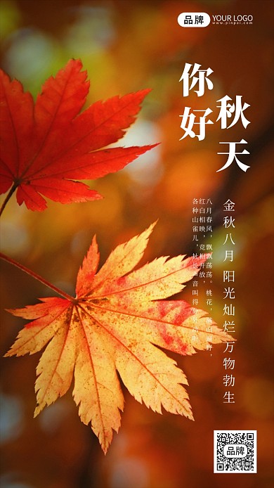 你好八月秋天风景枫叶摄影图海报