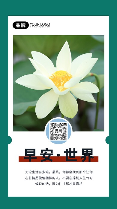 早安世界白莲花清新简约摄影图海报