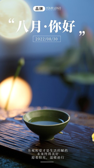 八月你好风景荷叶品茶摄影图海报