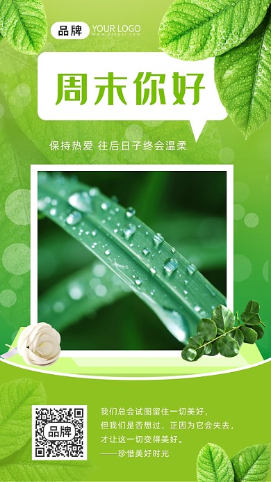周末你好水滴绿叶露珠清新摄影图海报