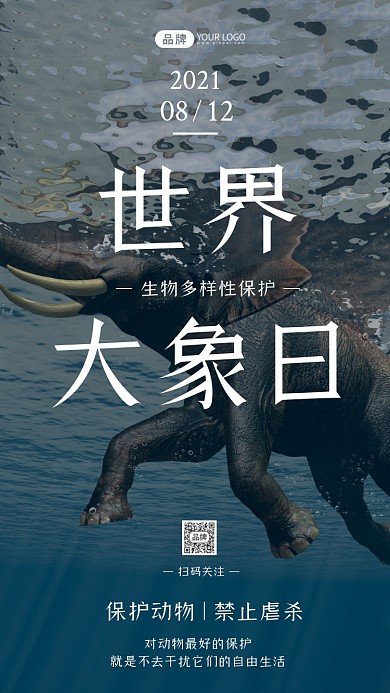 世界大象日简约风摄影图海报