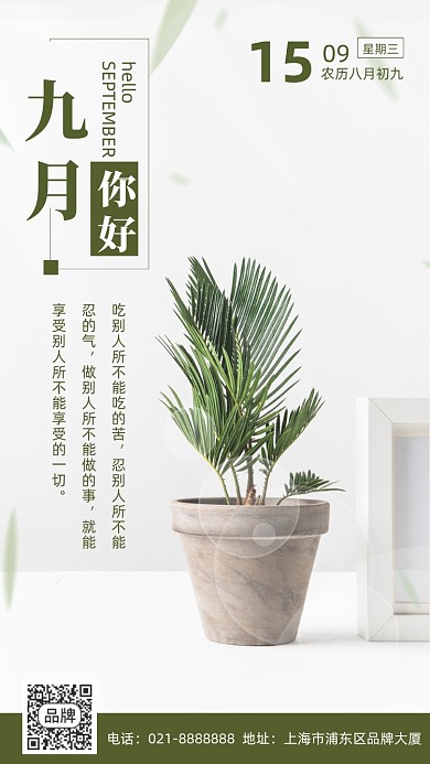 九月你好问候盆栽绿植植物摄影图海报