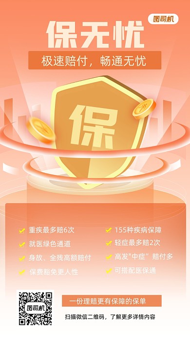 商业医保橙色时尚插画手机海报