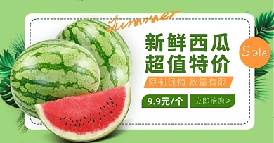 夏季水果西瓜绿色清新电商横版海报
