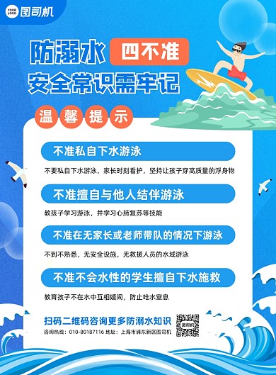夏季防溺水安全知识蓝色大气印刷海报