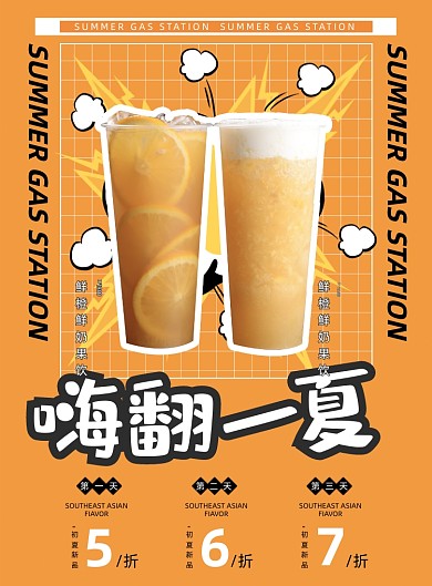 夏日果汁饮品时尚漫画复古印刷海报