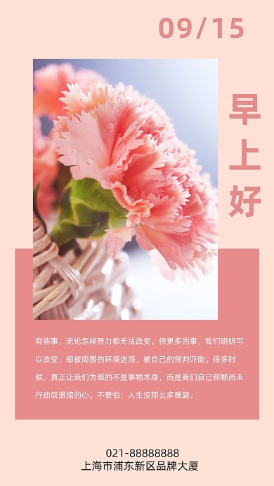 早上好粉色鲜花摄影图海报
