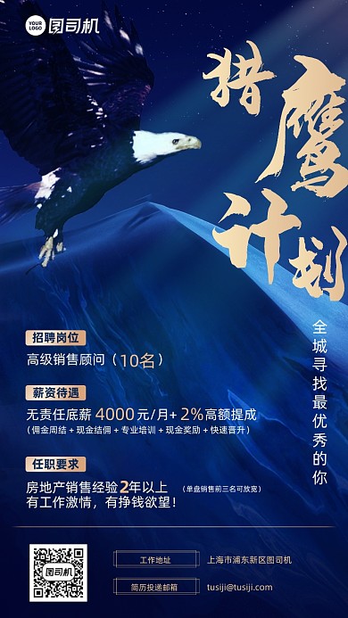 猎鹰计划蓝金色招聘简约大气手机海报
